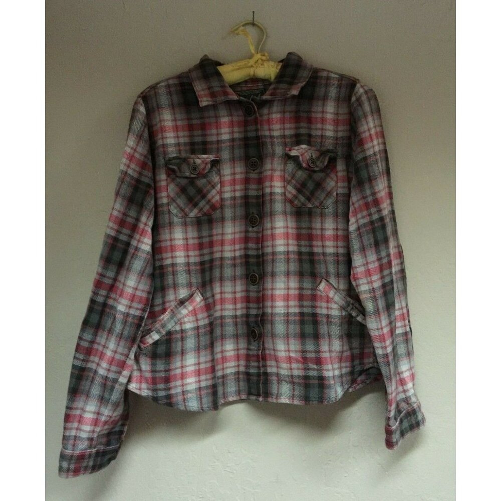 Woolrich Womens Large Button Up Plaid Shirt Jacket Long Sleeve Elbow Patch Red
